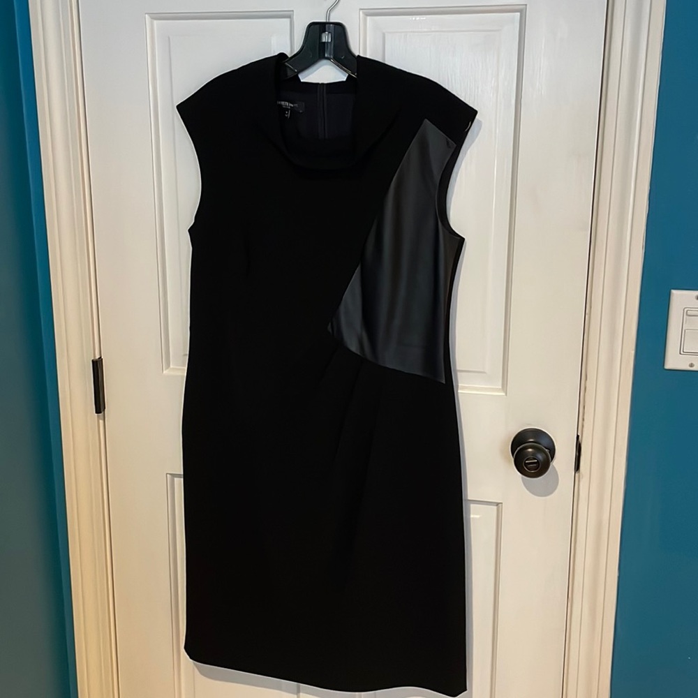 Sleek modern Lafayette 148 dress with leather panel